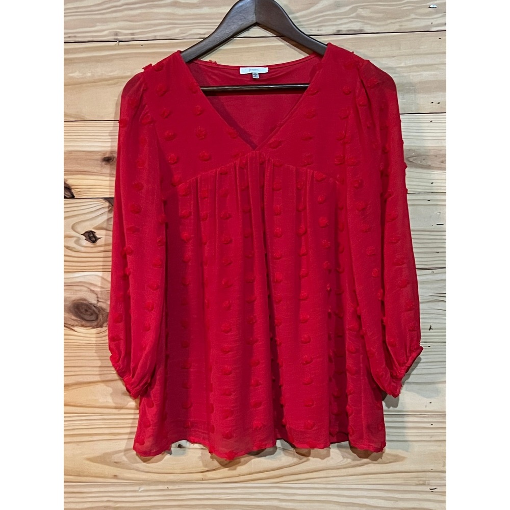 Jodifl Womens Small Swiss Dot Balloon Sleeve Pleated Red Blouse Festive Top